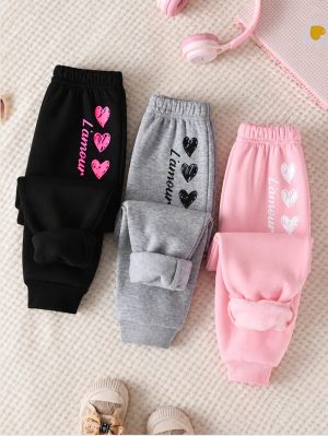 Pack of 3 Lamour Hearts Printed Cotton Fleece Sweatpants for Girls