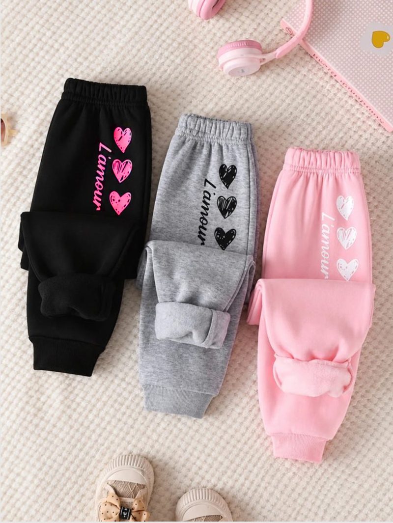 Pack of 3 Lamour Hearts Printed Cotton Fleece Sweatpants for Girls
