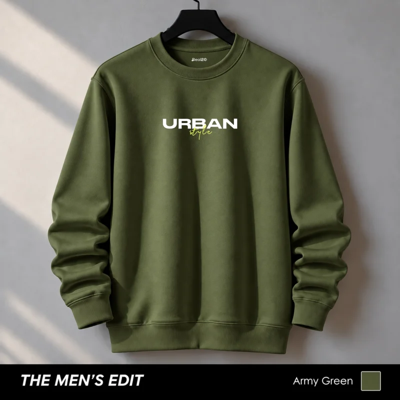 Urban Style Printed Cotton Fleece Army Green Sweatshirt for Men