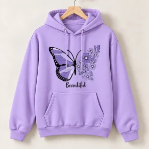 Beautiful Butterfly Printed Purple Cotton Fleece Hoodie for Women