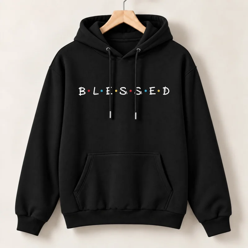 Multi Blessed Printed Black Cotton Fleece Hoodie for Women