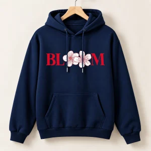 Art Bloom Printed Navy Blue Cotton Fleece Hoodie for Women