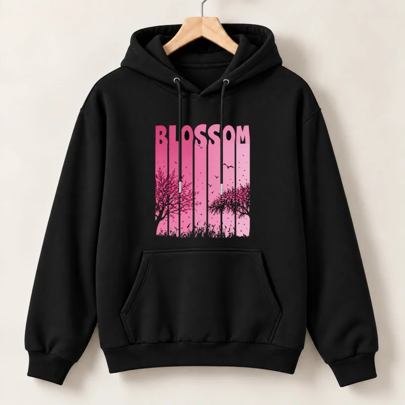 Floral Blossom Printed Black Cotton Fleece Hoodie for Women
