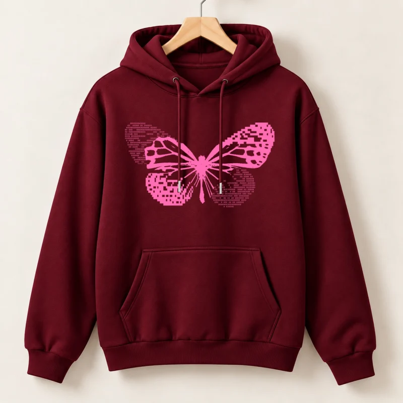 Pixelated Butterfly Printed Maroon Cotton Fleece Hoodie for Women Pixelated Butterfly Printed Maroon Cotton Fleece Hoodie for Women