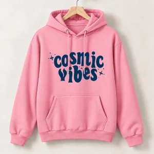 Cosmic Vibes Printed Pink Cotton Fleece Hoodie for Women
