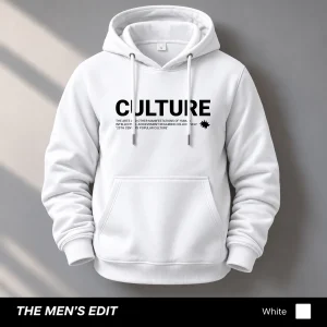 Culture Printed Cotton Fleece White Hoodie for Men