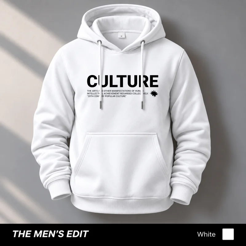 Culture Printed Cotton Fleece White Hoodie for Men