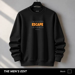 Escape Reality Printed Cotton Fleece Black Sweatshirt for Men