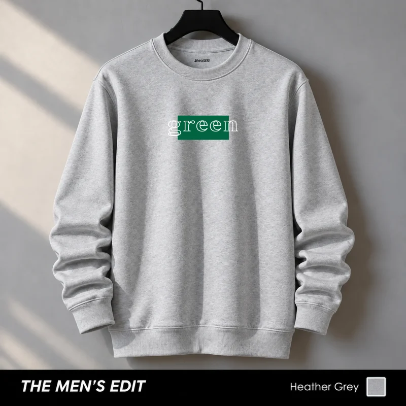 Stylish Box Green Printed Cotton Fleece Heather Grey Sweatshirt for Men