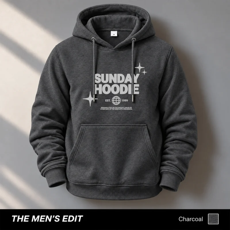 Est Sunday Printed Charcoal Cotton Fleece Hoodie for Men