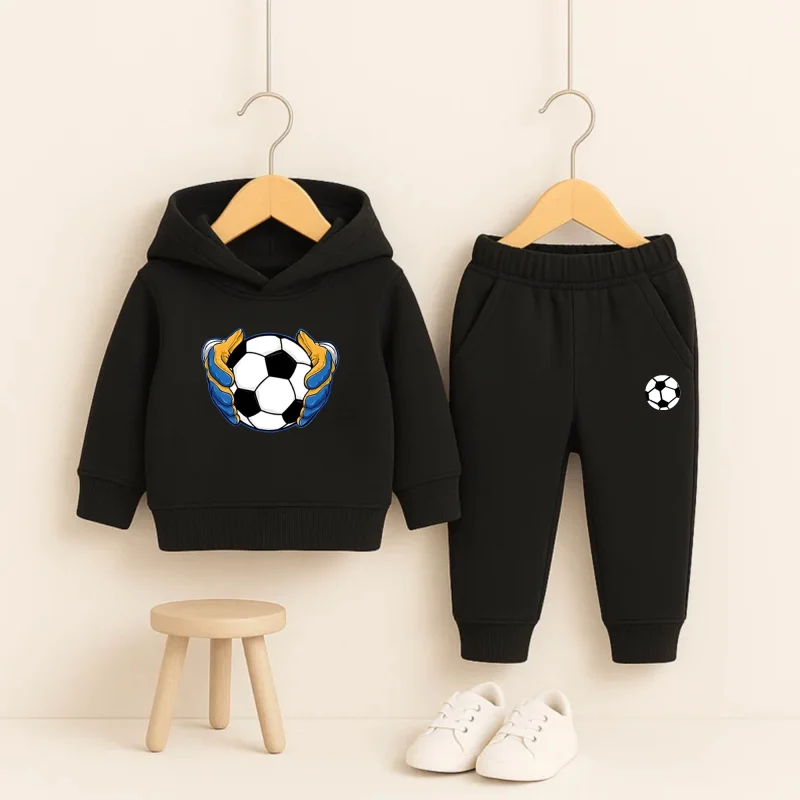 Football Printed Black Hooded Tracksuit for Young Kids