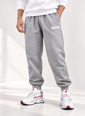 Hustle Printed Heather Grey Cotton Fleece Sweatpants for Men