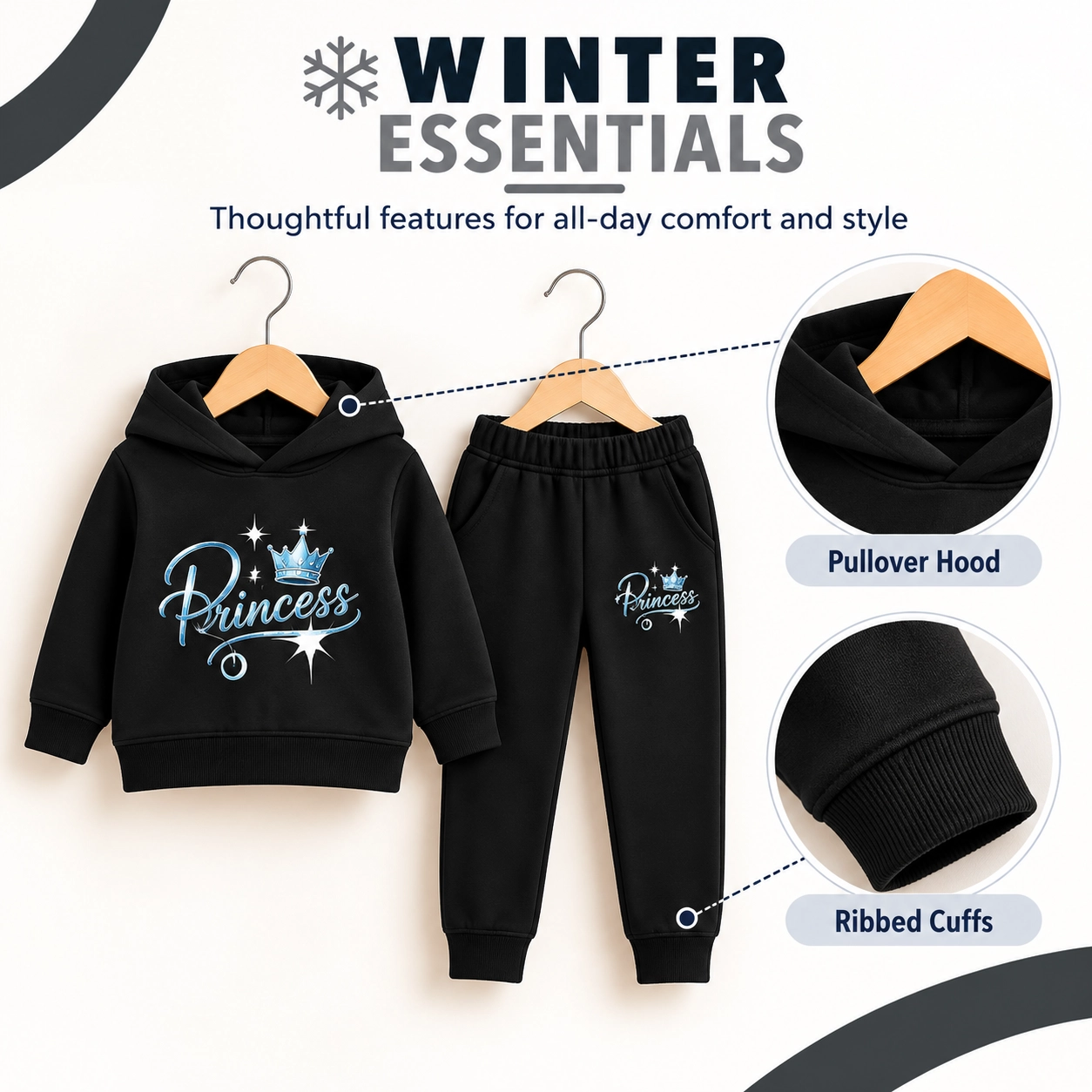 Princess Printed Black Cotton Fleece Hooded Tracksuit for Girls