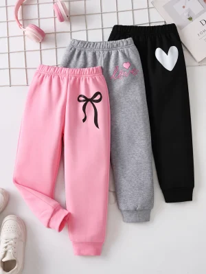 Pack of 3 Love Heart Cotton Fleece Sweatpants for Girls