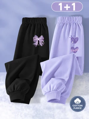 Pack of 2 Ribbon Hearts Printed Cotton Fleece Sweatpants for Girls