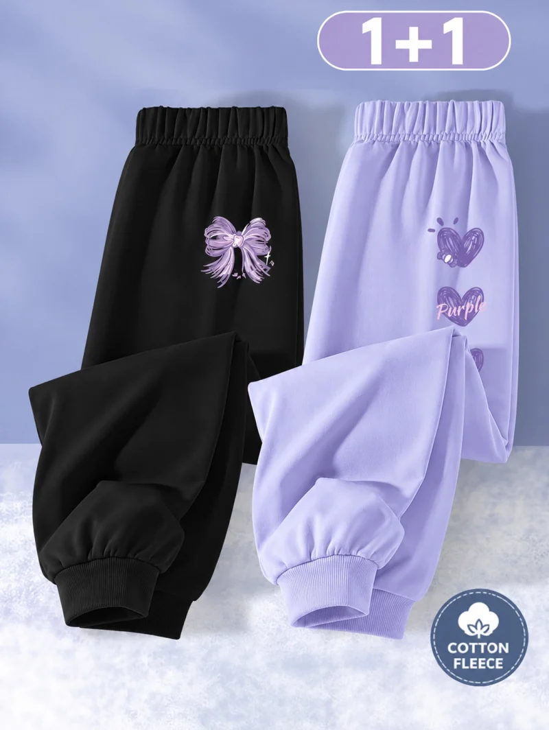 Pack of 2 Ribbon Hearts Printed Cotton Fleece Sweatpants for Girls