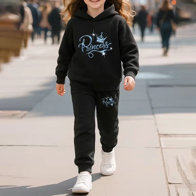 Princess Printed Black Cotton Fleece Hooded Tracksuit for Girls