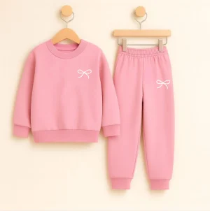 Ribbon Bow Printed Pink Fleece Sweatshirt Tracksuit for Girls
