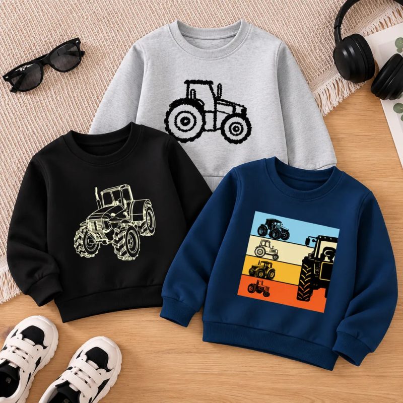 Pack of 3 Tractors Trio Printed Fleece Sweatshirts for Young Kids