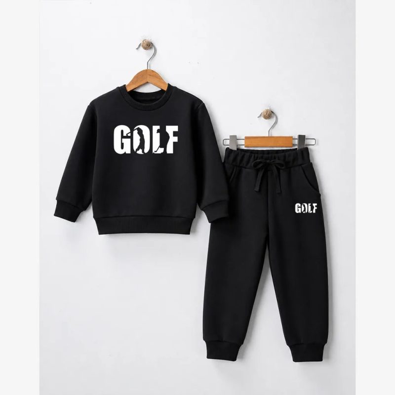 Golf Printed Black Fleece Sweatshirt Tracksuit for Tween Kids
