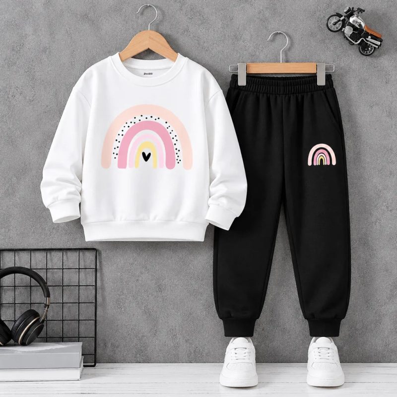 kwtks-1132-deal-reference.jpg Rainbow Heart Printed Fleece Sweatshirt Tracksuit For Girls