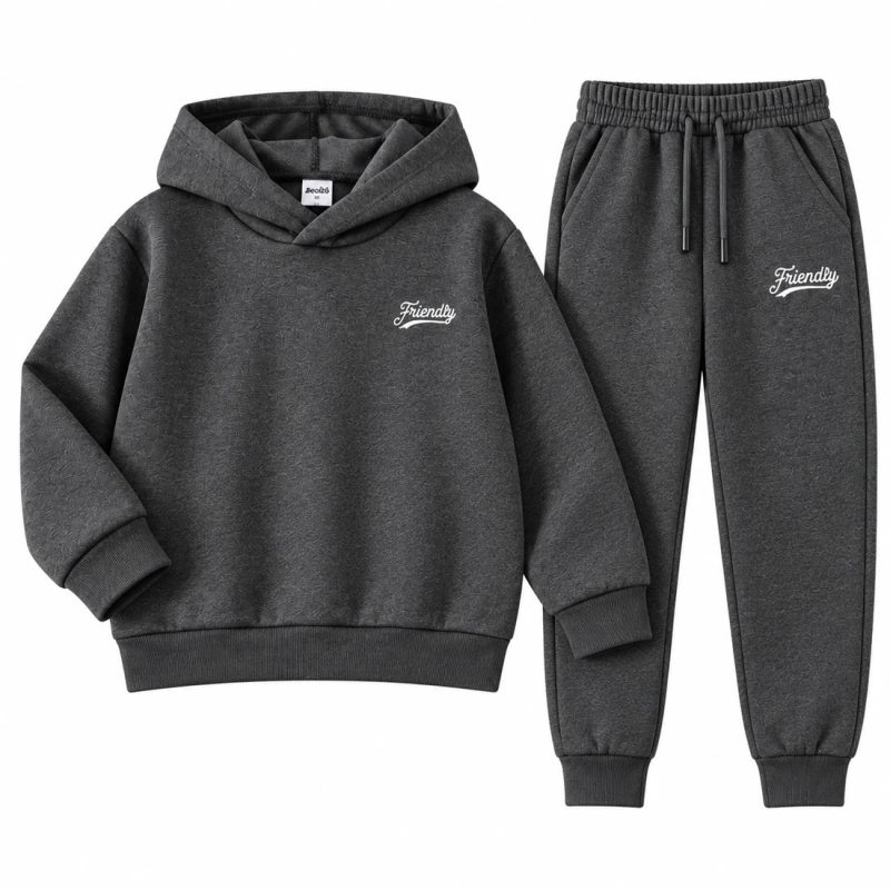 Pack of 3 Friendly Printed Cotton Fleece Winter Hooded Tracksuits for Kids — Charcoal set