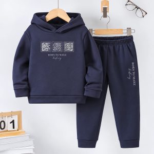 Born To Make Printed Navy Blue Hooded Tracksuit For Tween Kids — main product photo