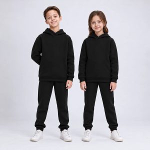 Black kids plain hooded tracksuit — boy and girl, no kangaroo pocket