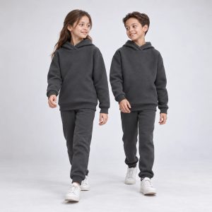 Charcoal Plain Hooded Fleece Tracksuit for Kids – 2 Piece Set