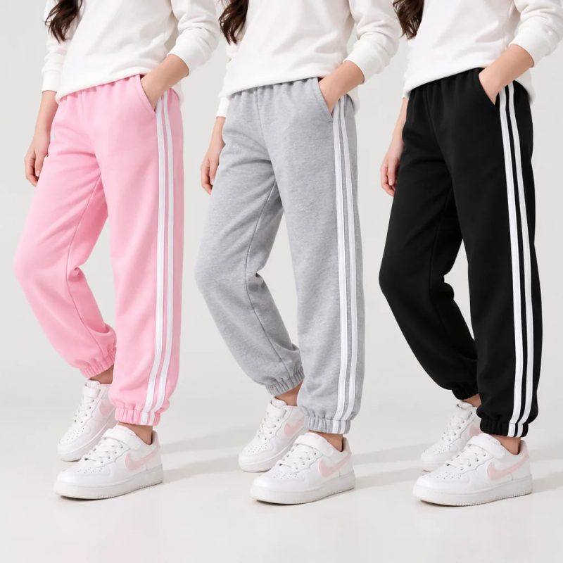 Bundle of 3 Sporty Edge Double Stripe Cotton Fleece Sweatpants for Girls