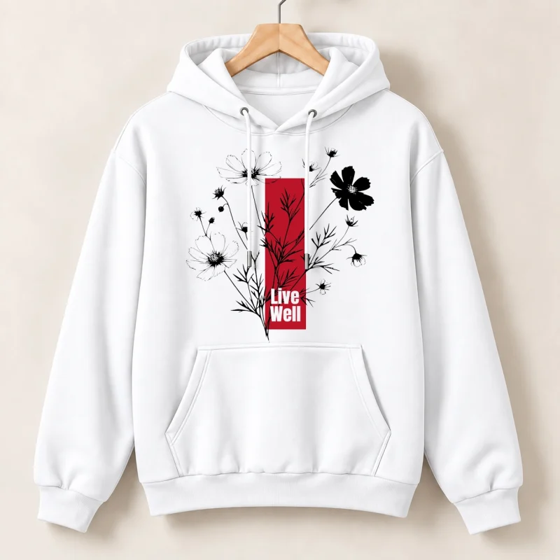 Live Well Printed White Cotton Fleece Hoodie for Women