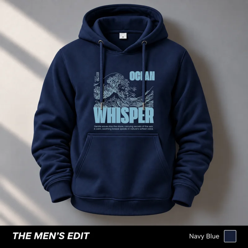 Ocean Whisper Printed Navy Blue Cotton Fleece Hoodie for Men