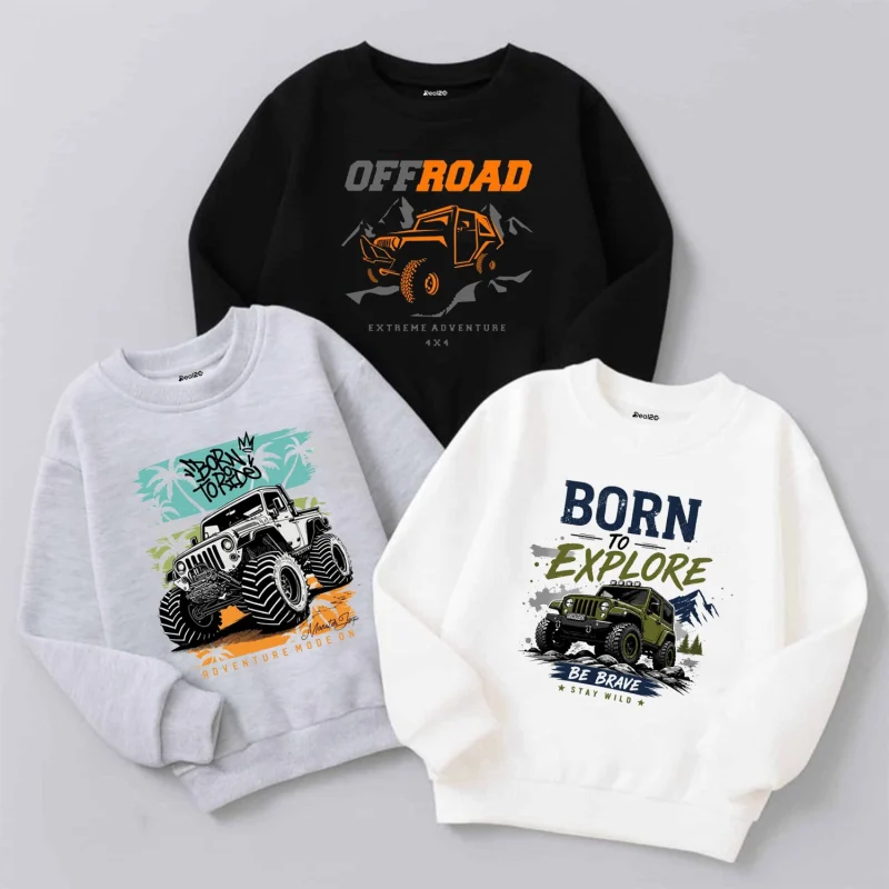 Pack of 3 Off Road Printed Cotton Fleece Sweatshirts for Tween Kids