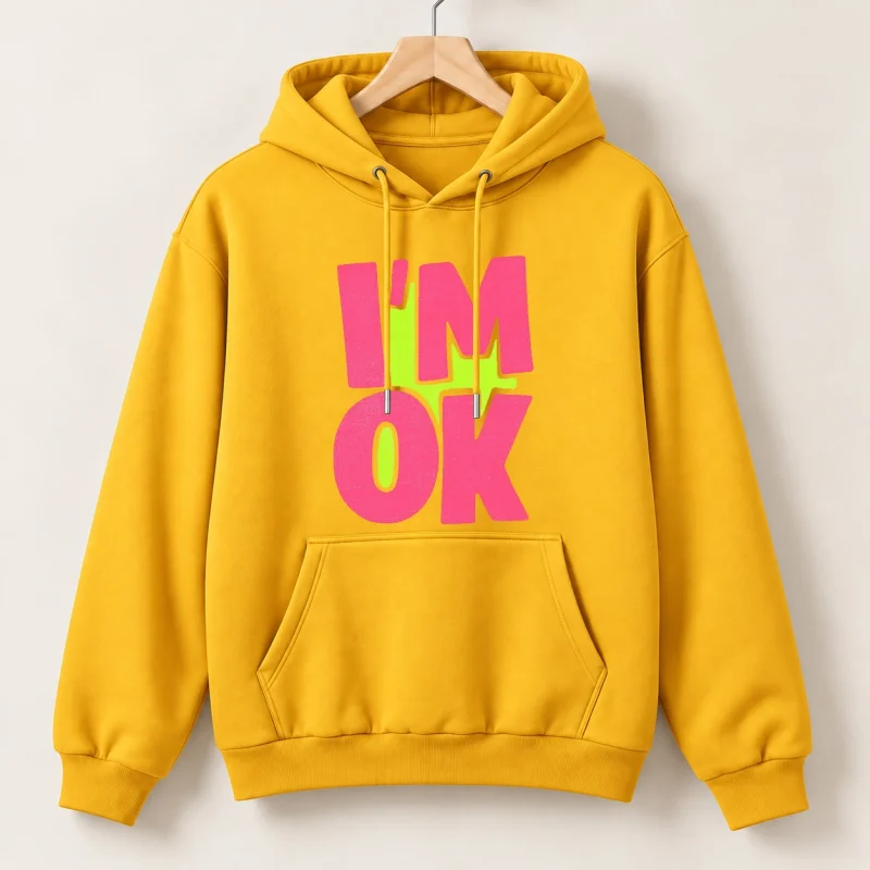 I Am Ok Printed Yellow Cotton Fleece Hoodie for Women