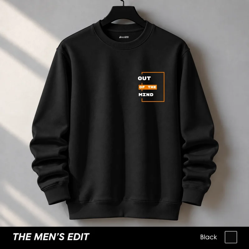 Out Of Mind Printed Cotton Fleece Black Sweatshirt for Men
