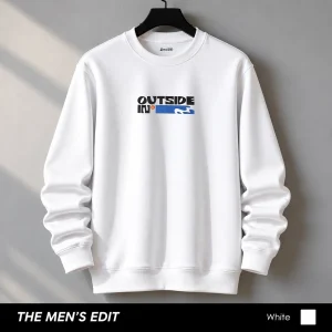 Outside In Printed Cotton Fleece White Sweatshirt for Men