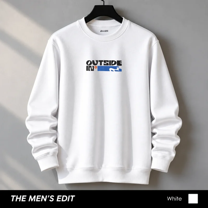Outside In Printed Cotton Fleece White Sweatshirt for Men