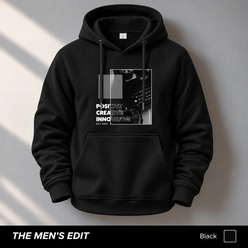 Creative Innovative Printed Black Cotton Fleece Hoodie for Men
