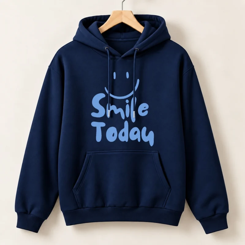 Smile Today Printed Navy Blue Cotton Fleece Hoodie for Women