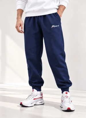 Sport Printed Navy Blue Cotton Fleece Sweatpants for Men