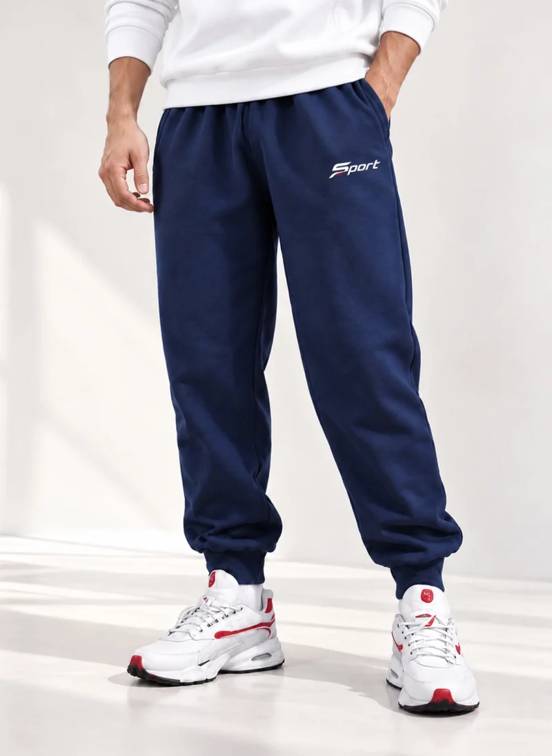 Sport Printed Navy Blue Cotton Fleece Sweatpants for Men