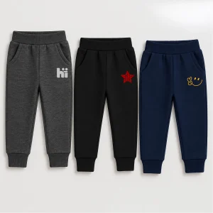 Pack of 3 Smiley Star Printed Cotton Fleece Sweatpants for Young Kids