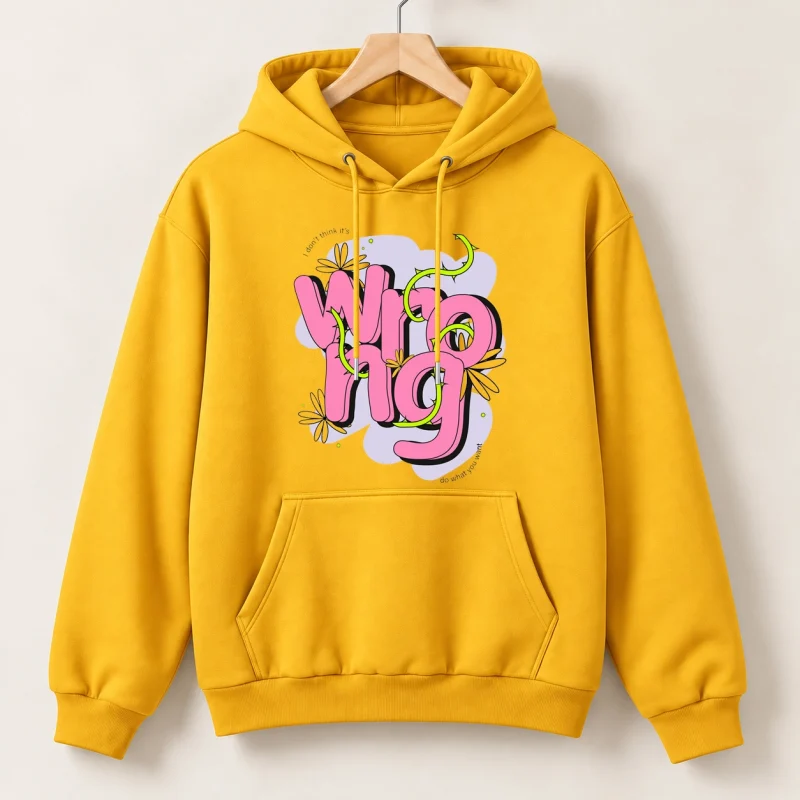 Wrong Floral Printed Yellow Cotton Fleece Hoodie for Women